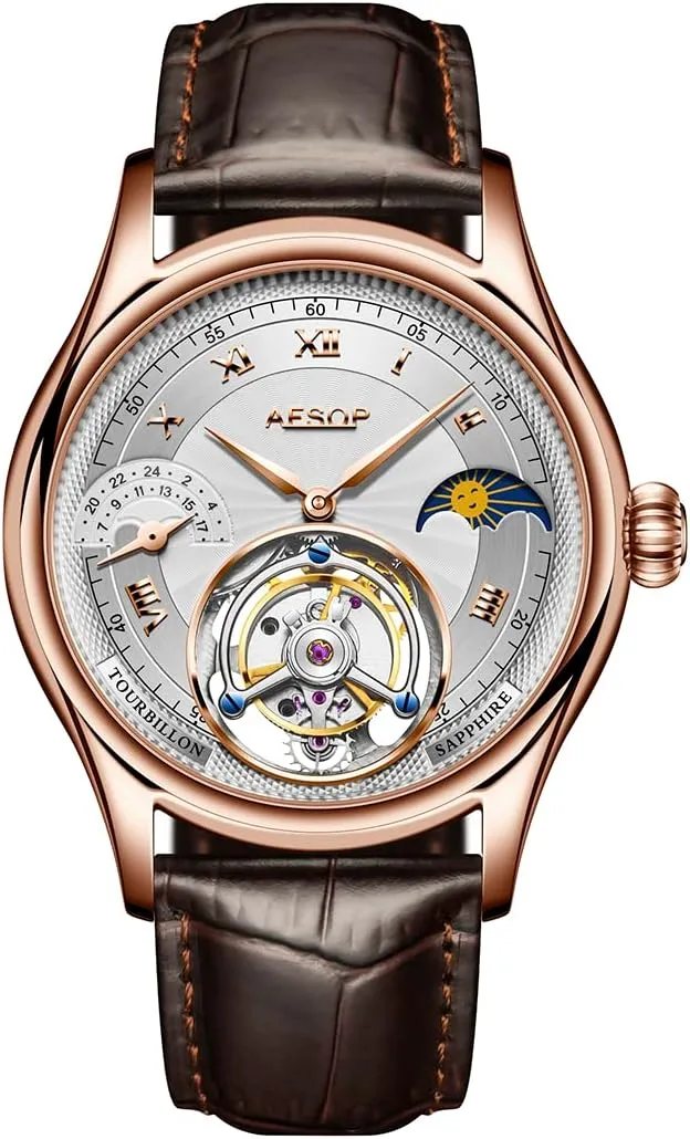 Luxury Business Watch for Men silhouette vacancy 7027 AESOP Moon Phase GMT Tourbillon Men Watches Mechanical Tourbillon Hand Wind Movement Men Wristwatches Sapphire Waterproof 