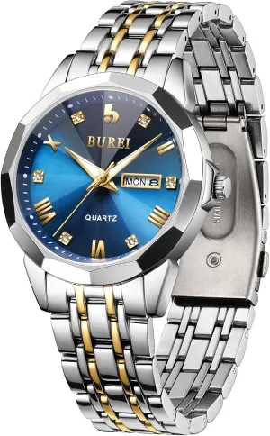 Luxury Casual orbit Wrist Watch with Weeks,Gifts for Men??Silver Blue?? BUREI Men Watches Fashion Business Analog Quartz Stainless Steel Waterproof Watches for Men Diamond Luminous Date Dress Wrist Watch 
