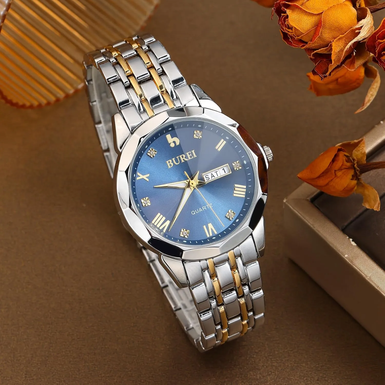 Luxury Casual orbit Wrist Watch with Weeks,Gifts for Men??Silver Blue?? BUREI Men Watches Fashion Business Analog Quartz Stainless Steel Waterproof Watches for Men Diamond Luminous Date Dress Wrist Watch 