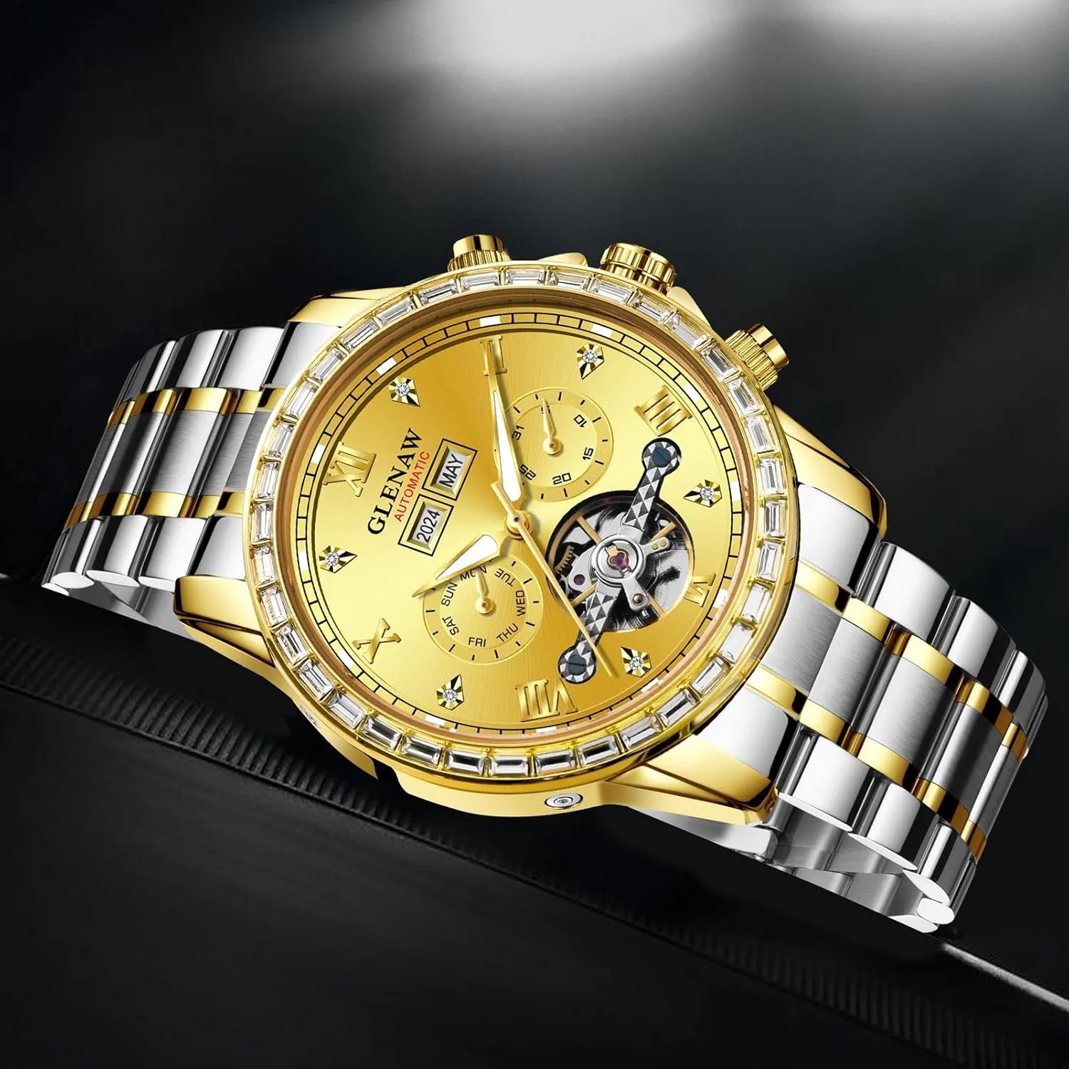 Luxury Crystal Bezel Complete Calendar Mechanical Day reproduction quantum glean novel midway neatness Date Tourbillon Watch for Men Luminous with Stainless Strap Automatic Watch for Men- 
