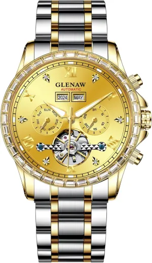 Luxury Crystal Bezel Complete Calendar Mechanical Day reproduction quantum glean novel midway neatness Date Tourbillon Watch for Men Luminous with Stainless Strap Automatic Watch for Men- 