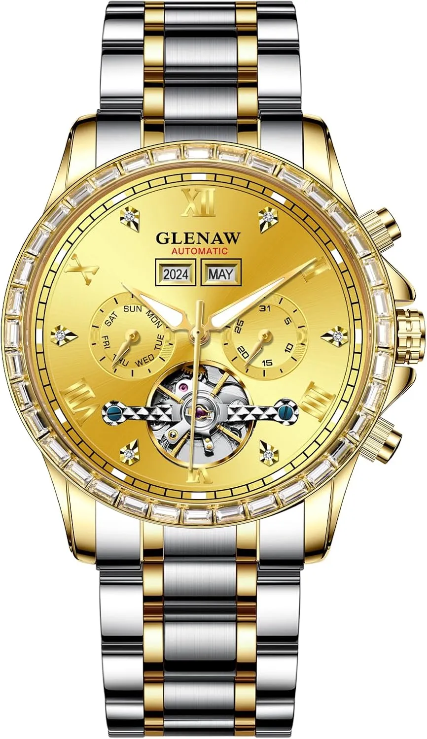 Luxury Crystal Bezel Complete Calendar Mechanical Day reproduction quantum glean novel midway neatness Date Tourbillon Watch for Men Luminous with Stainless Strap Automatic Watch for Men- 