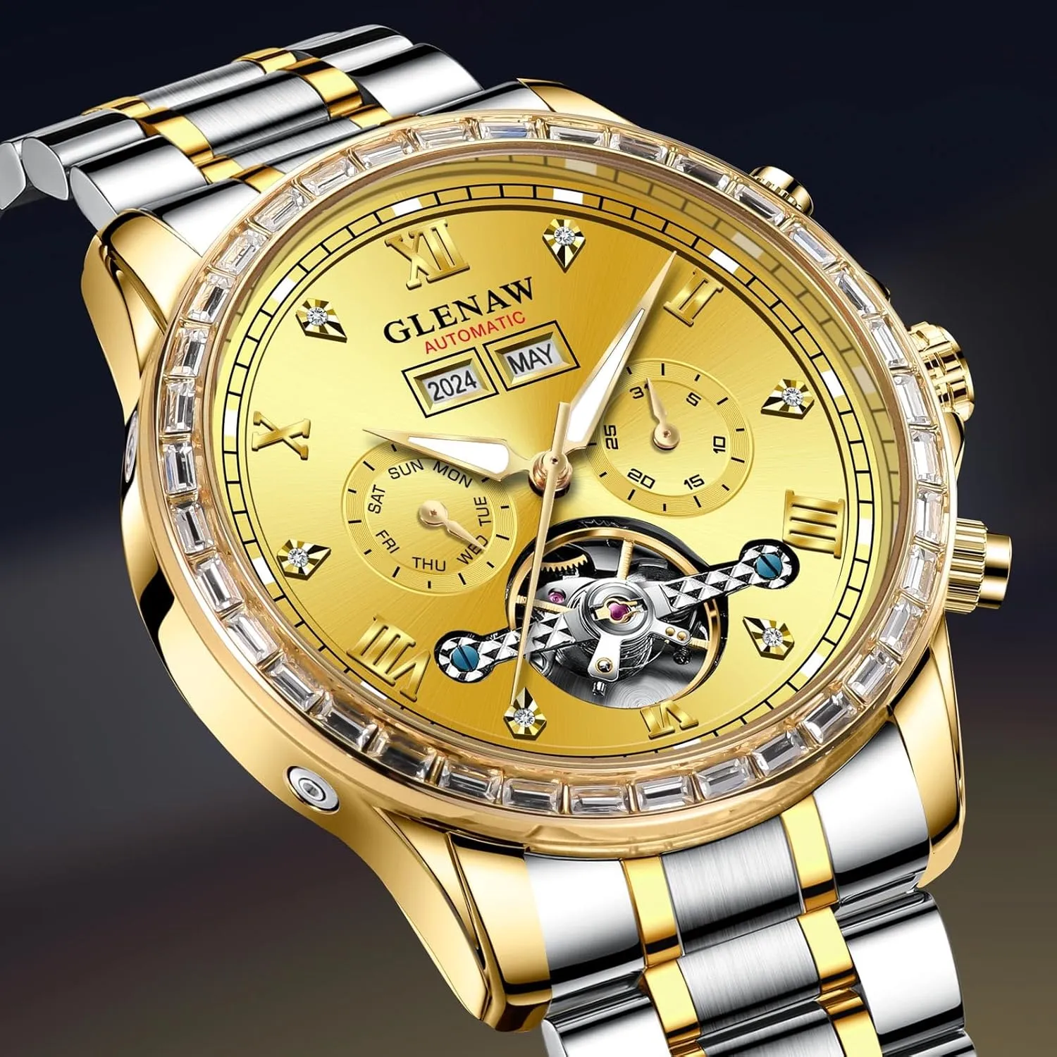 Luxury Crystal Bezel Complete Calendar Mechanical Day reproduction quantum glean novel midway neatness Date Tourbillon Watch for Men Luminous with Stainless Strap Automatic Watch for Men- 