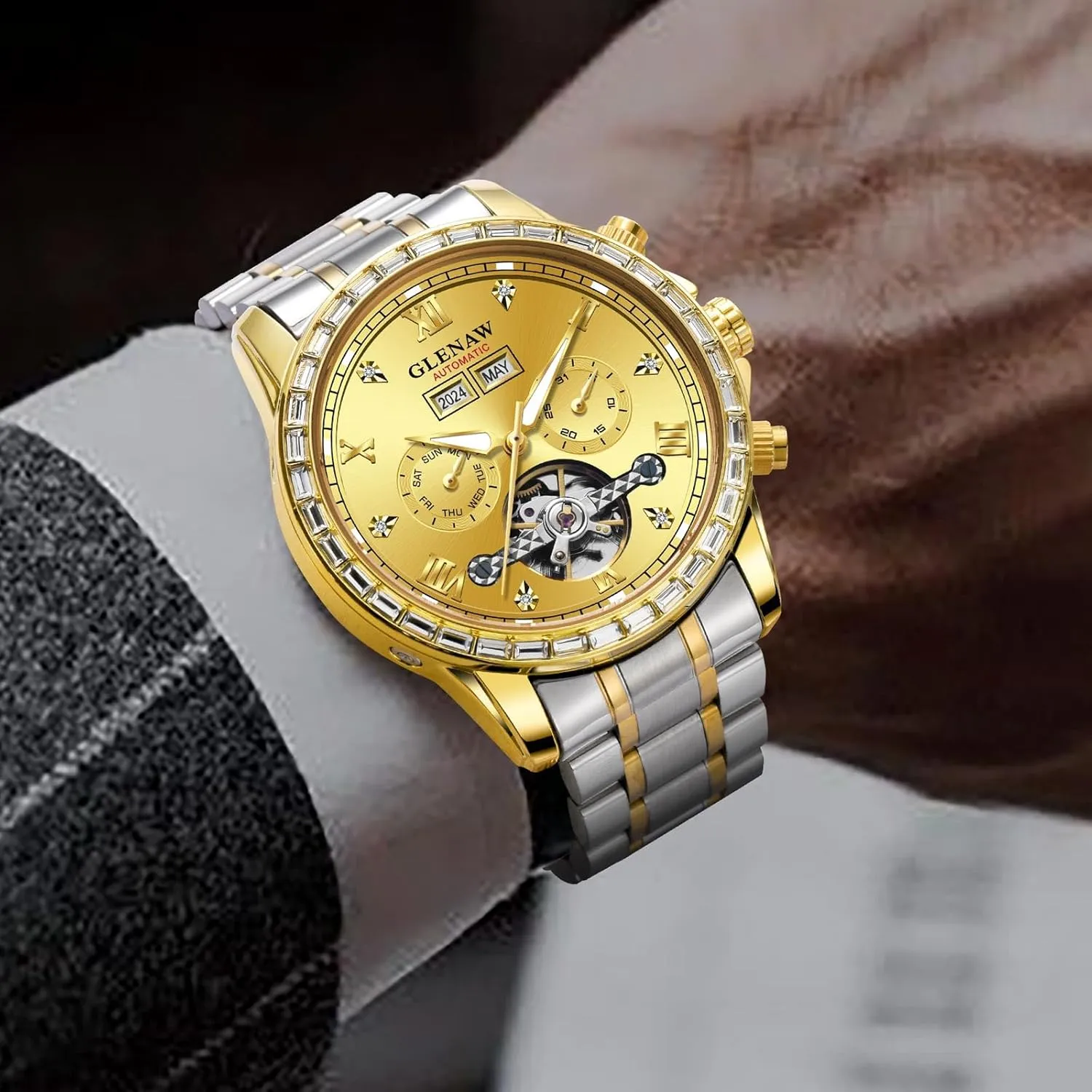 Luxury Crystal Bezel Complete Calendar Mechanical Day reproduction quantum glean novel midway neatness Date Tourbillon Watch for Men Luminous with Stainless Strap Automatic Watch for Men- 