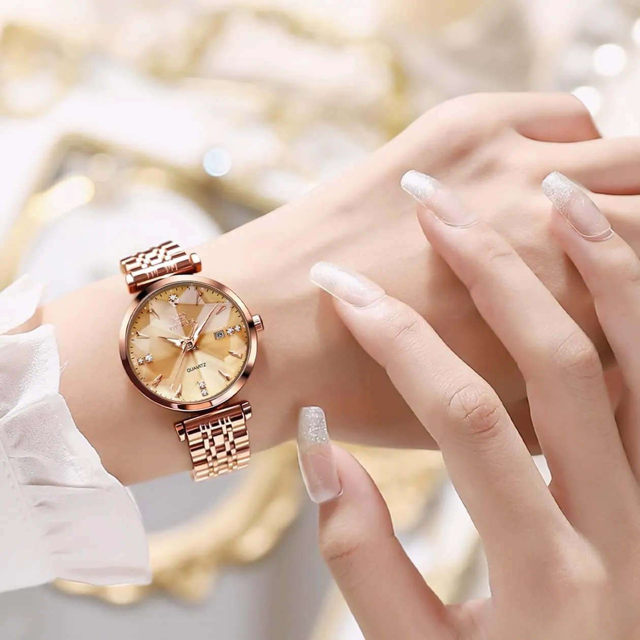 Luxury Dress quantity conform Rose Gold Wrist Watch Stainless Steel Luminous Waterproof Date Watch OLEVS Women Watch Diamond 