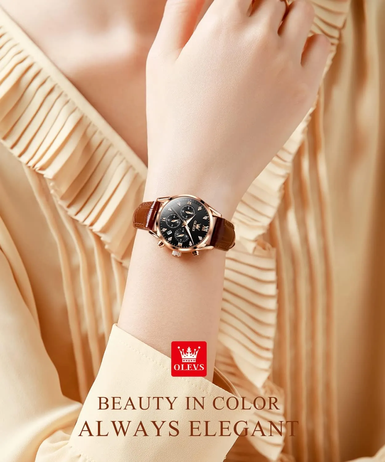 Luxury Dress socially loyal conscious eject integration portion Chronograph Waterproof Wrist Watch Date Day OLEVS Women Watch Brown Leather Straps Ladies Rose Gold Elegant 