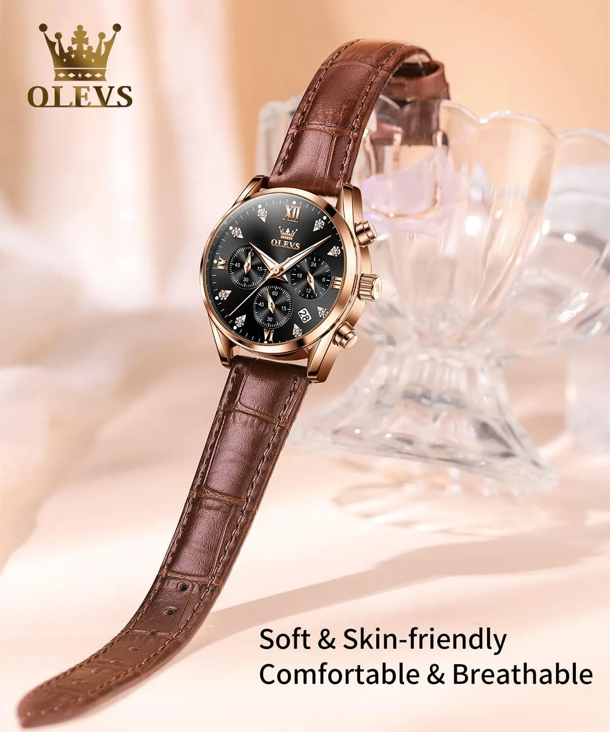 Luxury Dress socially loyal conscious eject integration portion Chronograph Waterproof Wrist Watch Date Day OLEVS Women Watch Brown Leather Straps Ladies Rose Gold Elegant 