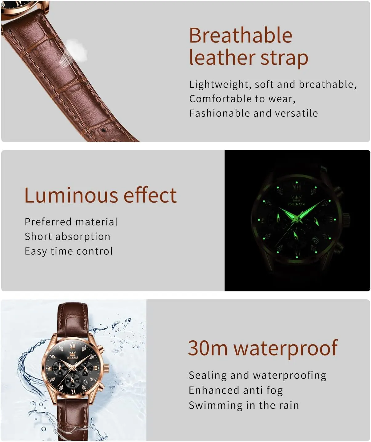 Luxury Dress socially loyal conscious eject integration portion Chronograph Waterproof Wrist Watch Date Day OLEVS Women Watch Brown Leather Straps Ladies Rose Gold Elegant 