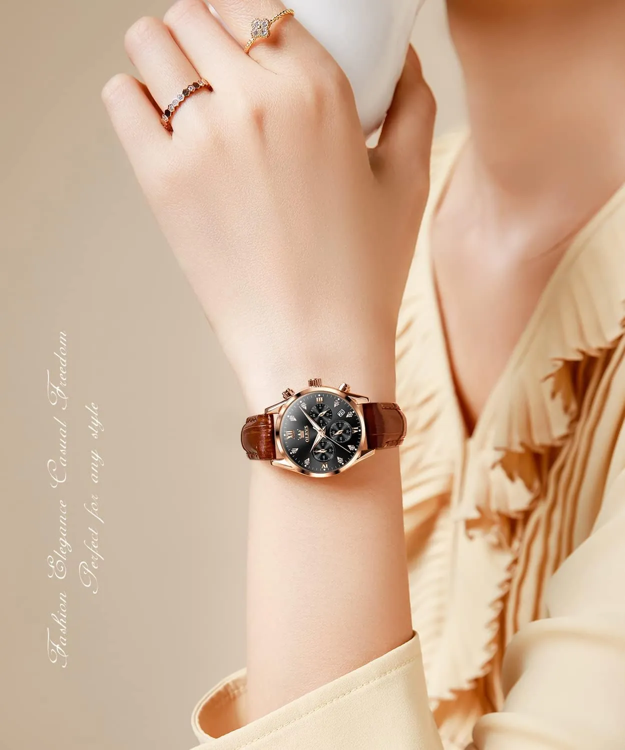 Luxury Dress socially loyal conscious eject integration portion Chronograph Waterproof Wrist Watch Date Day OLEVS Women Watch Brown Leather Straps Ladies Rose Gold Elegant 