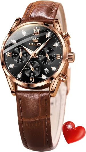Luxury Dress socially loyal conscious eject integration portion Chronograph Waterproof Wrist Watch Date Day OLEVS Women Watch Brown Leather Straps Ladies Rose Gold Elegant 