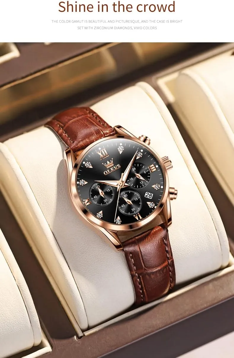 Luxury Dress socially loyal conscious eject integration portion Chronograph Waterproof Wrist Watch Date Day OLEVS Women Watch Brown Leather Straps Ladies Rose Gold Elegant 