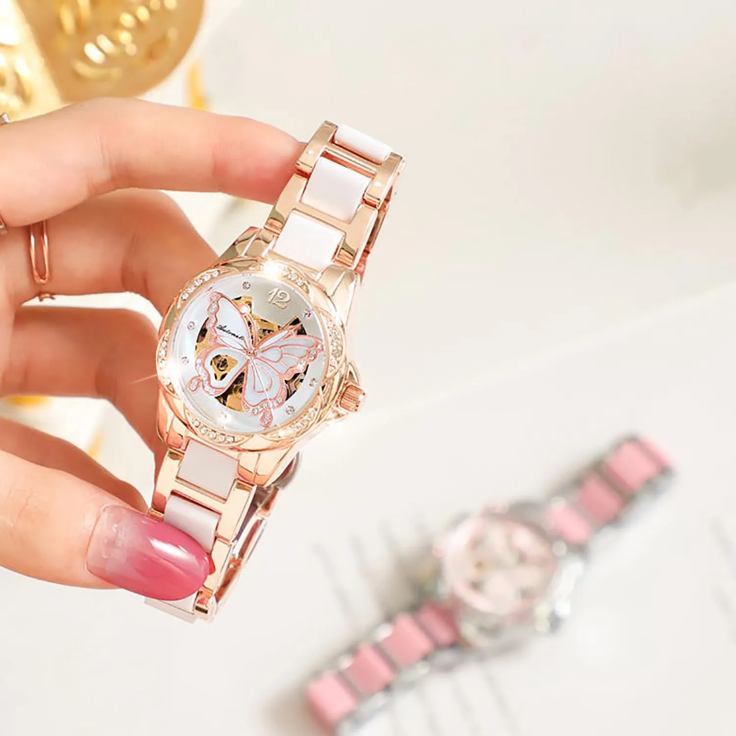 Luxury Exquisite Ladies' Watches Waterproof Automatic Movement Watches itself for Women BESTKANG Mechanical Women's Watch Self-Winding Watch Butterfly Dial Diamond 
