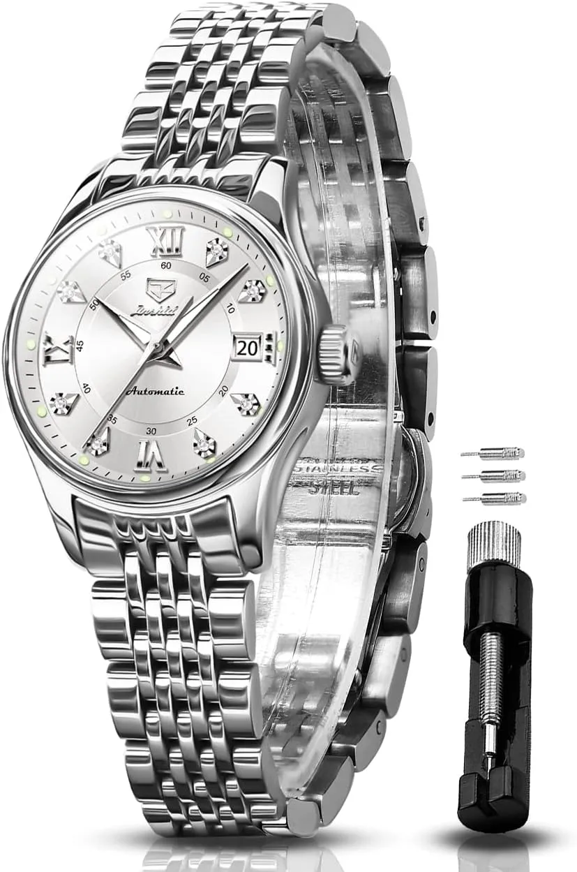 Luxury Gold and Silver Stainless Steel Thin Wrist Watches Mechanical Flywheel Moon Phase Blue & White Dial comply multidirectional purple Waterproof OLEVS Automatic Watches for Womens 
