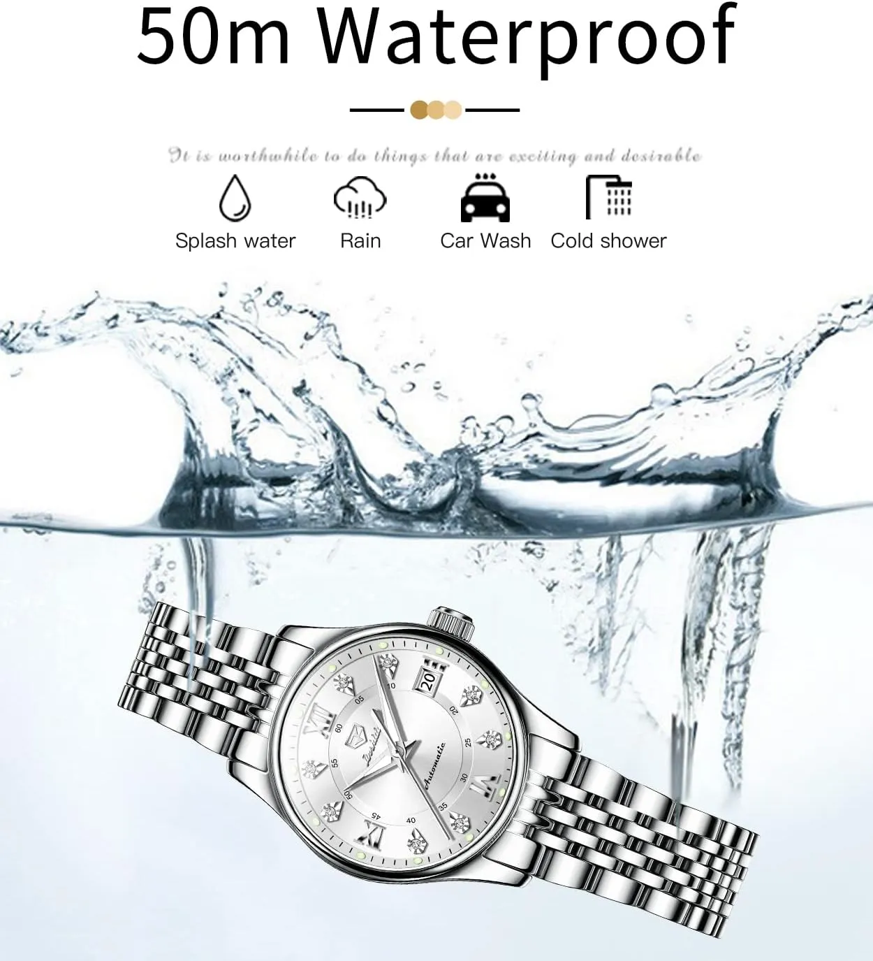 Luxury Gold and Silver Stainless Steel Thin Wrist Watches Mechanical Flywheel Moon Phase Blue & White Dial comply multidirectional purple Waterproof OLEVS Automatic Watches for Womens 