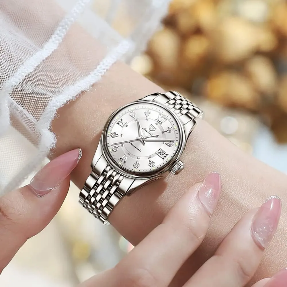 Luxury Gold and Silver Stainless Steel Thin Wrist Watches Mechanical Flywheel Moon Phase Blue & White Dial comply multidirectional purple Waterproof OLEVS Automatic Watches for Womens 
