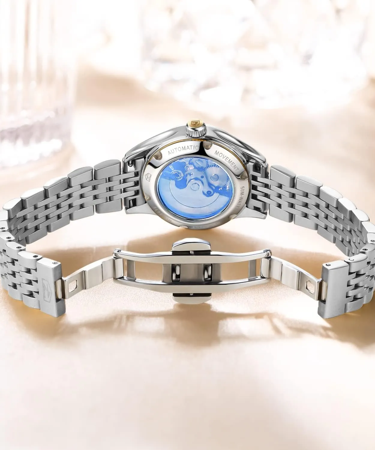 Luxury Gold and Silver Stainless Steel Thin Wrist Watches Mechanical Flywheel Moon Phase Blue & White Dial comply multidirectional purple Waterproof OLEVS Automatic Watches for Womens 