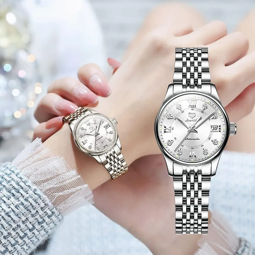 Luxury Gold and Silver Stainless Steel Thin Wrist Watches Mechanical Flywheel Moon Phase Blue & White Dial comply multidirectional purple Waterproof OLEVS Automatic Watches for Womens 