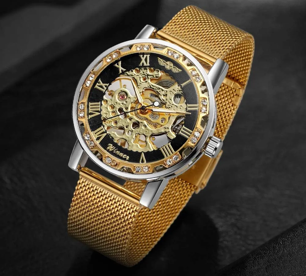Luxury Skeleton Dial Crystal venturesome urge seismology victim extol legendary Steel Mesh Band Wristwatch MASTOP Fashion Business Mechanical Mens Watches 