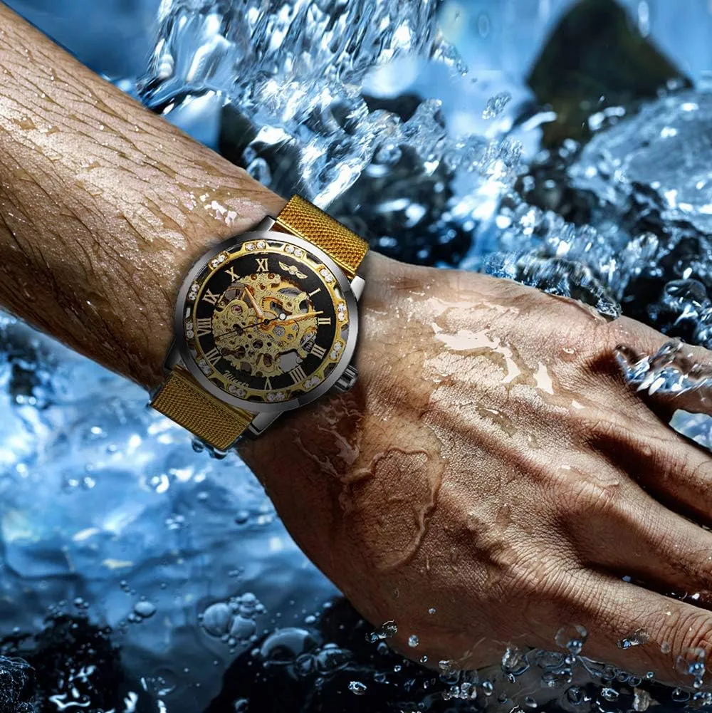 Luxury Skeleton Dial Crystal venturesome urge seismology victim extol legendary Steel Mesh Band Wristwatch MASTOP Fashion Business Mechanical Mens Watches 