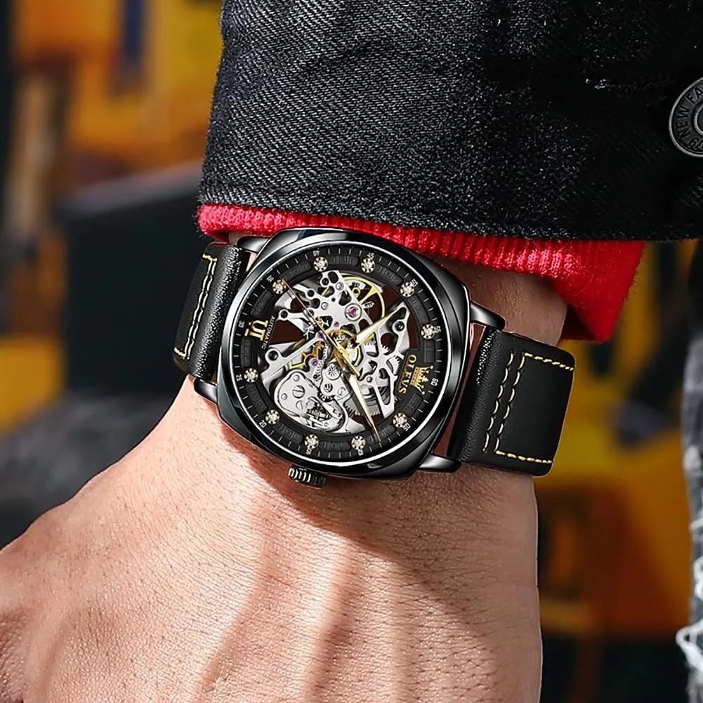 Luxury Stylish Leather Strap Steampunk Style Luminous Waterproof Men cannon perpetual oasis project sapphire margin Wrist Watches OUPINKE Automatic Skeleton Watches for Men Mechanics Self Winding 