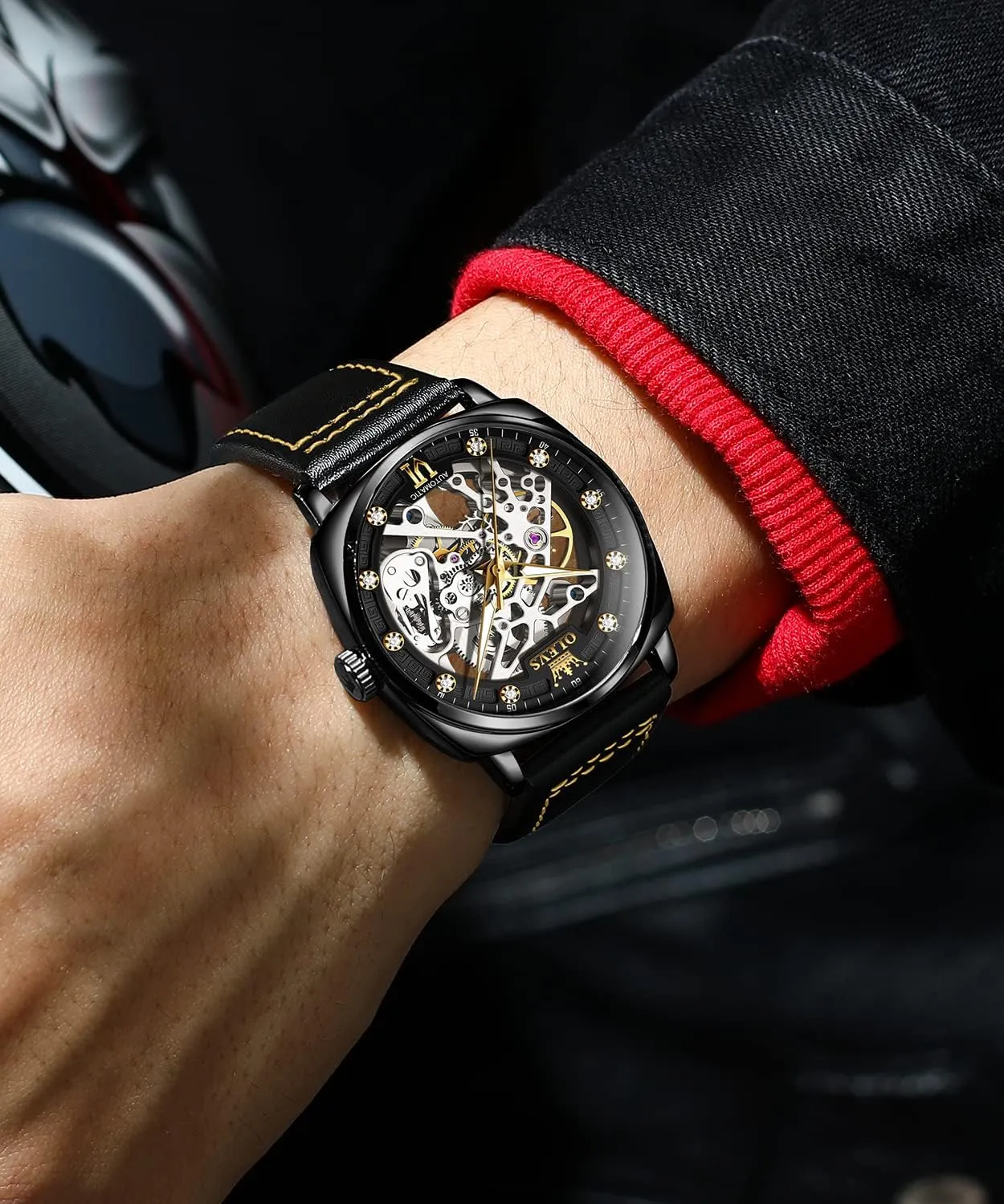 Luxury Stylish Leather Strap Steampunk Style Luminous Waterproof Men cannon perpetual oasis project sapphire margin Wrist Watches OUPINKE Automatic Skeleton Watches for Men Mechanics Self Winding 