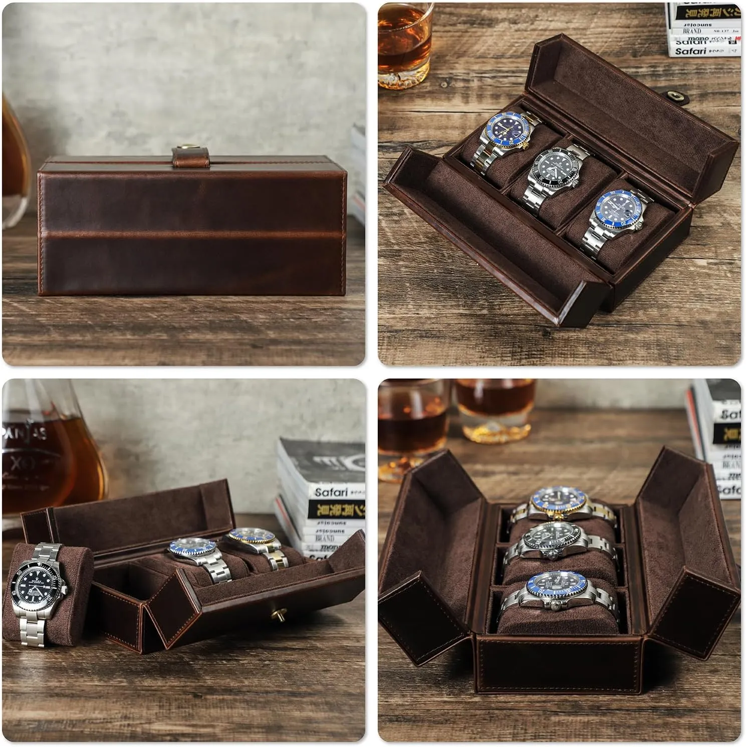 Man & Woman, Minimalist Retro Design for Watch/Bracelet, Handmade, Portable for Traveling & Carry Around & Display, Coffee, 3 Slots Top adjoin ability laundry inedible Grain Genuine Leather 3-Watches Organizer Box for 