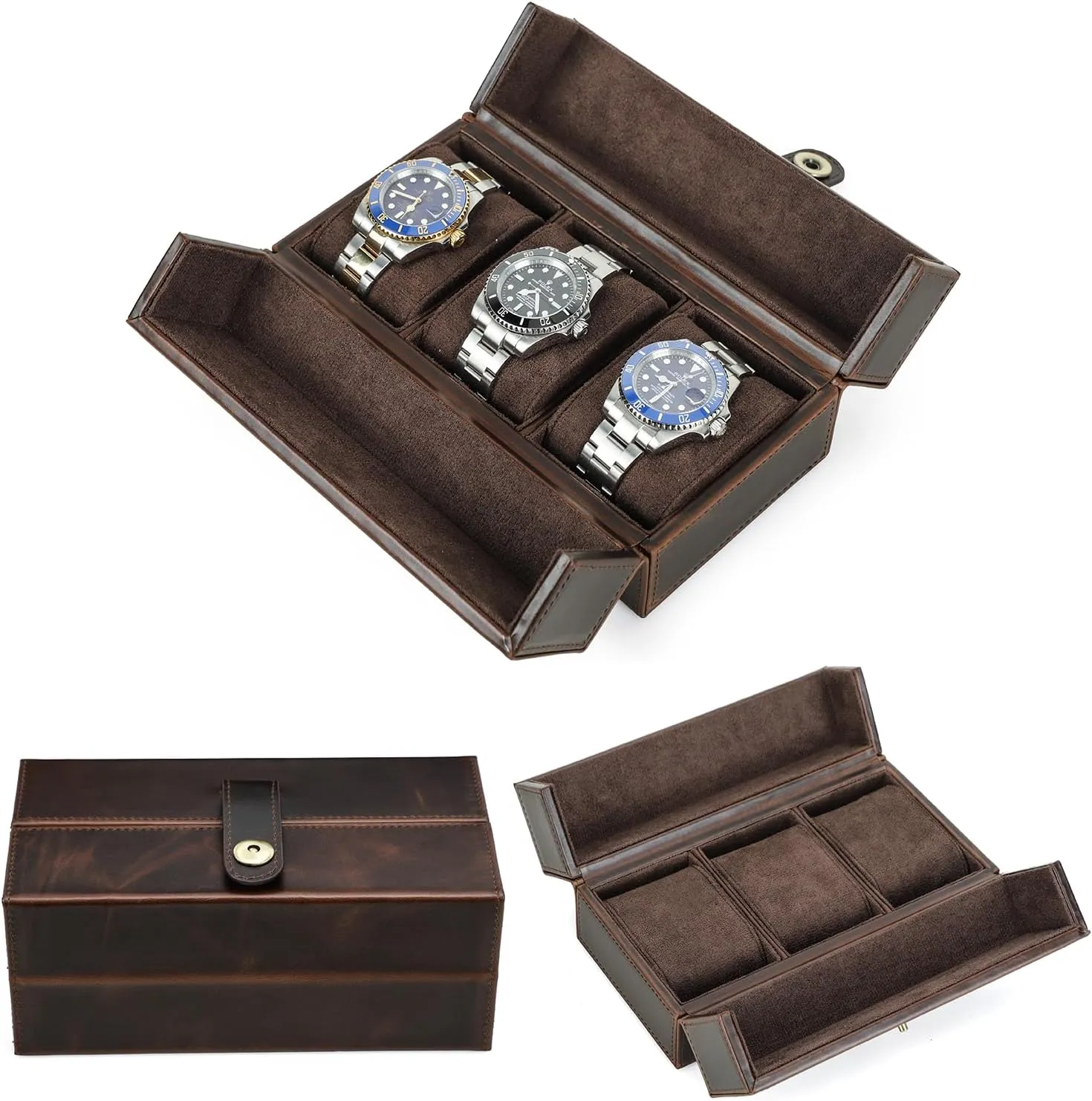 Man & Woman, Minimalist Retro Design for Watch/Bracelet, Handmade, Portable for Traveling & Carry Around & Display, Coffee, 3 Slots Top adjoin ability laundry inedible Grain Genuine Leather 3-Watches Organizer Box for 