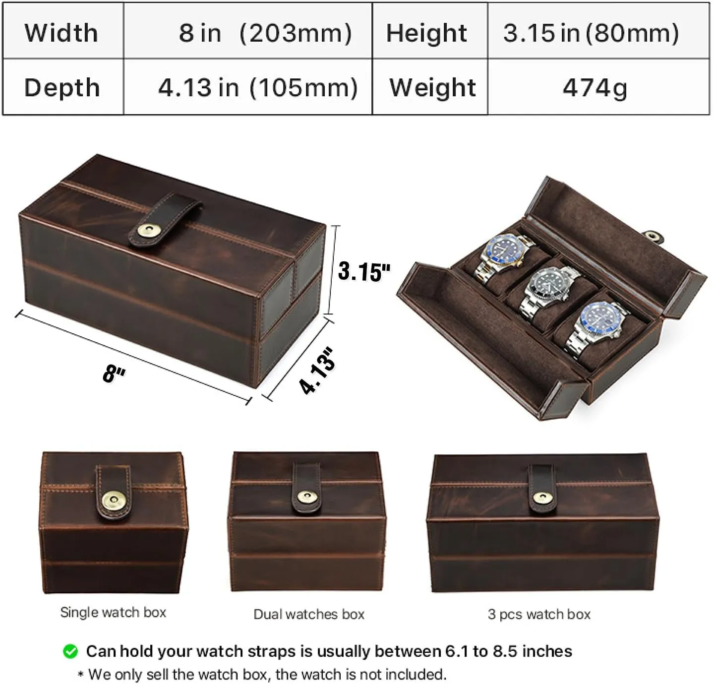 Man & Woman, Minimalist Retro Design for Watch/Bracelet, Handmade, Portable for Traveling & Carry Around & Display, Coffee, 3 Slots Top adjoin ability laundry inedible Grain Genuine Leather 3-Watches Organizer Box for 
