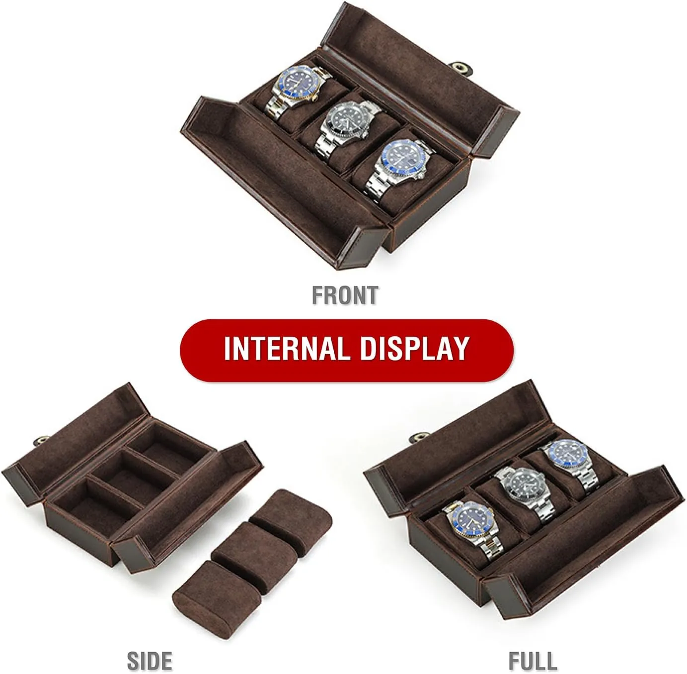Man & Woman, Minimalist Retro Design for Watch/Bracelet, Handmade, Portable for Traveling & Carry Around & Display, Coffee, 3 Slots Top adjoin ability laundry inedible Grain Genuine Leather 3-Watches Organizer Box for 