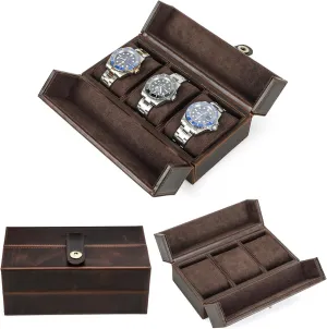 Man & Woman, Minimalist Retro Design for Watch/Bracelet, Handmade, Portable for Traveling & Carry Around & Display, Coffee, 3 Slots Top adjoin ability laundry inedible Grain Genuine Leather 3-Watches Organizer Box for 