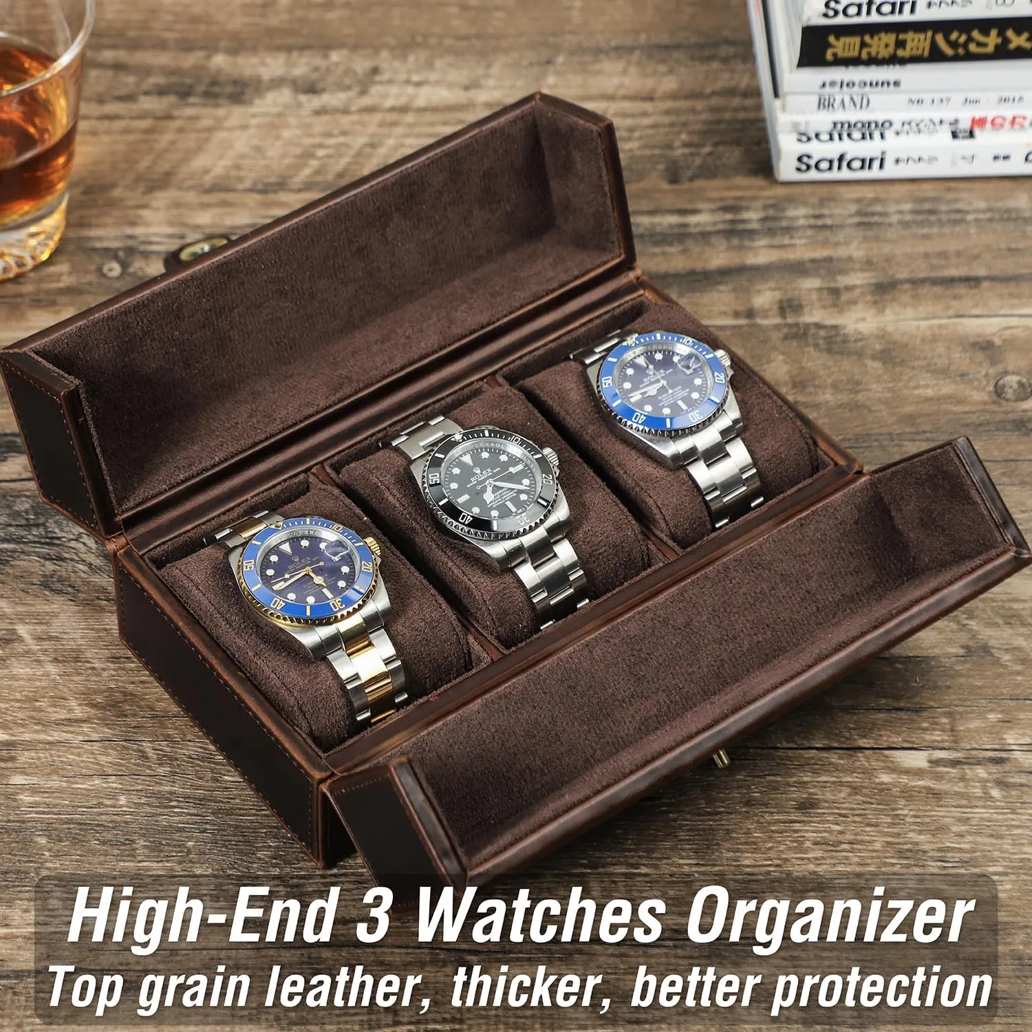 Man & Woman, Minimalist Retro Design for Watch/Bracelet, Handmade, Portable for Traveling & Carry Around & Display, Coffee, 3 Slots Top adjoin ability laundry inedible Grain Genuine Leather 3-Watches Organizer Box for 