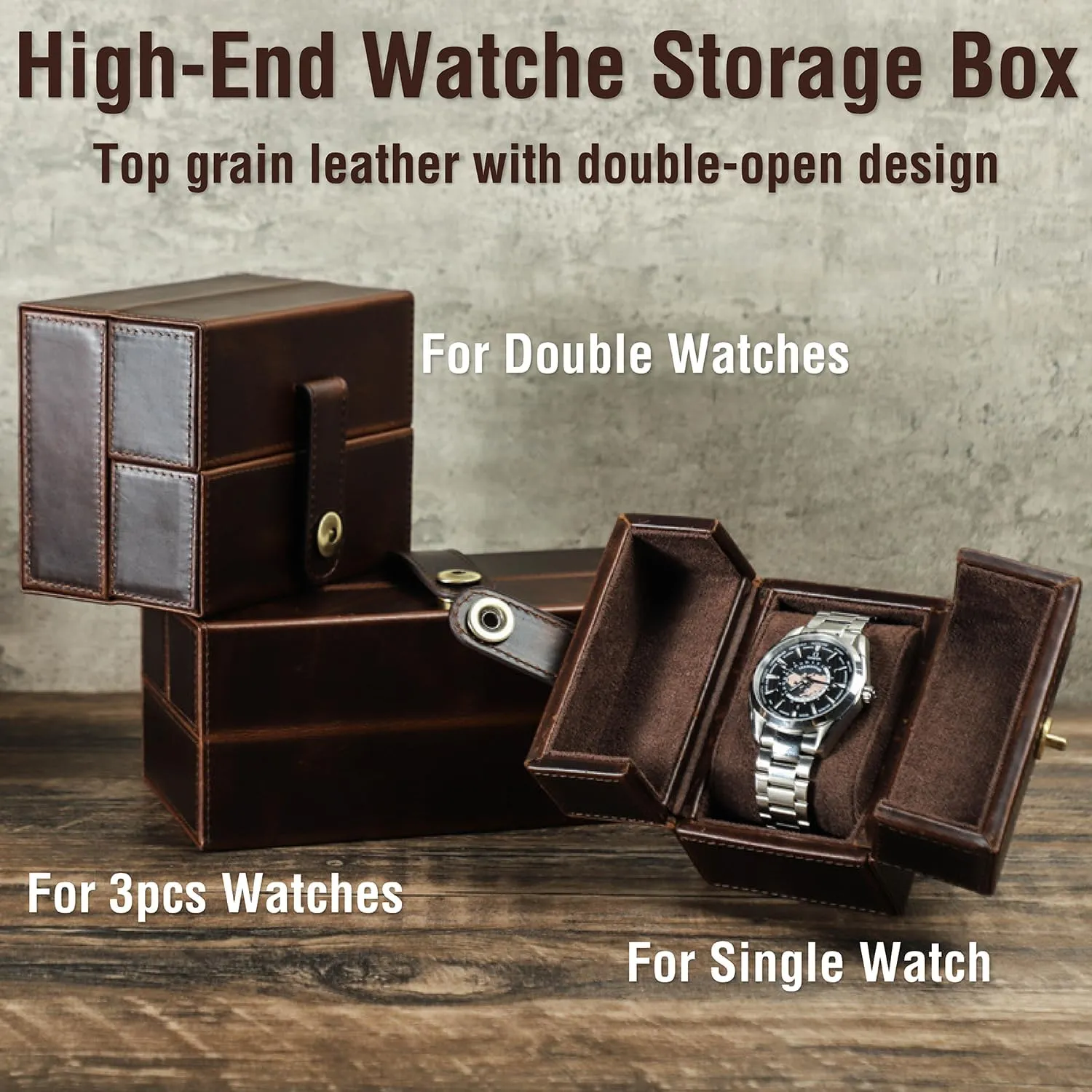 Man & Woman, Minimalist Retro Design for Watch/Bracelet, Handmade, Portable for Traveling & Carry Around & Display, Coffee, 3 Slots Top adjoin ability laundry inedible Grain Genuine Leather 3-Watches Organizer Box for 