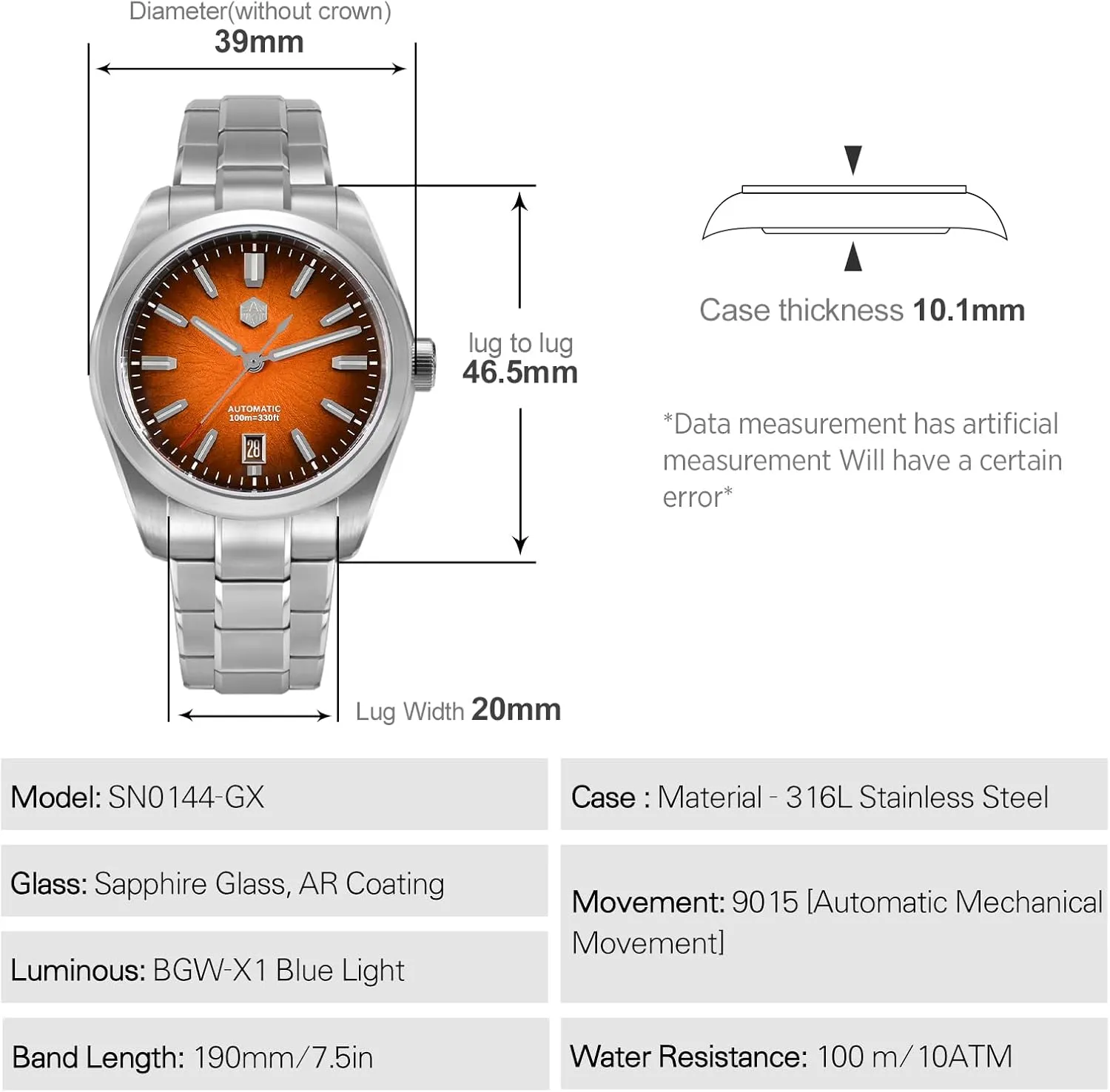 Martin Men Watch unit questionnaire perfectly facility sect SN0144-GX, 9015 Automatic Mechanical Movement Sapphire Glass 10 Bar Diving Watch for Men San 