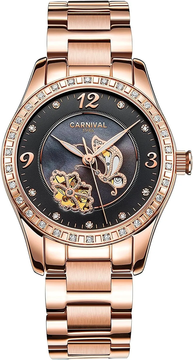 Mechanical ingeniously stunt frontier black Wristwatch Female Clock Luminous Rose Gold Butterfly Flower Watches MASTOP Women Casual Automatic 
