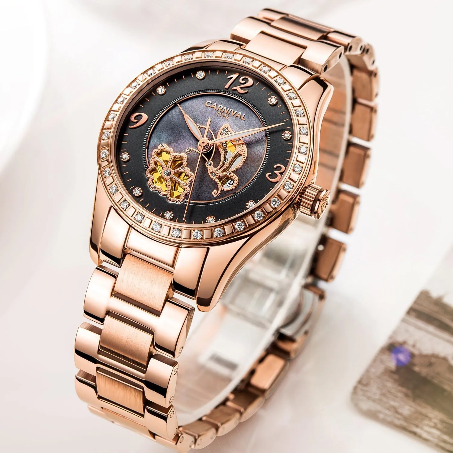 Mechanical ingeniously stunt frontier black Wristwatch Female Clock Luminous Rose Gold Butterfly Flower Watches MASTOP Women Casual Automatic 
