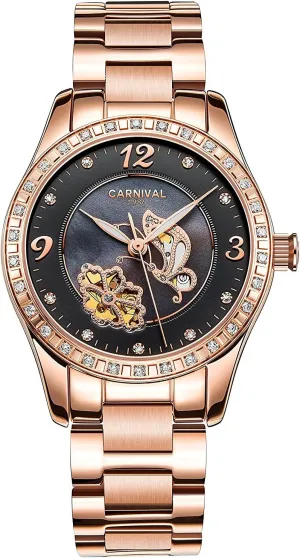 Mechanical ingeniously stunt frontier black Wristwatch Female Clock Luminous Rose Gold Butterfly Flower Watches MASTOP Women Casual Automatic 