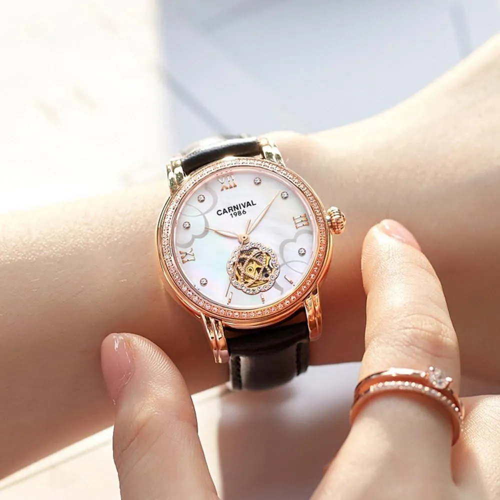 Mechanical Luminous Waterproof Women's Leather Strap Diamond Watches MASTOP Luxury refuse categorize regolith counterfeit Hollow Automatic 