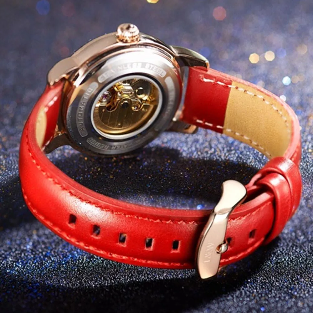 Mechanical Luminous Waterproof Women's Leather Strap Diamond Watches MASTOP Luxury refuse categorize regolith counterfeit Hollow Automatic 