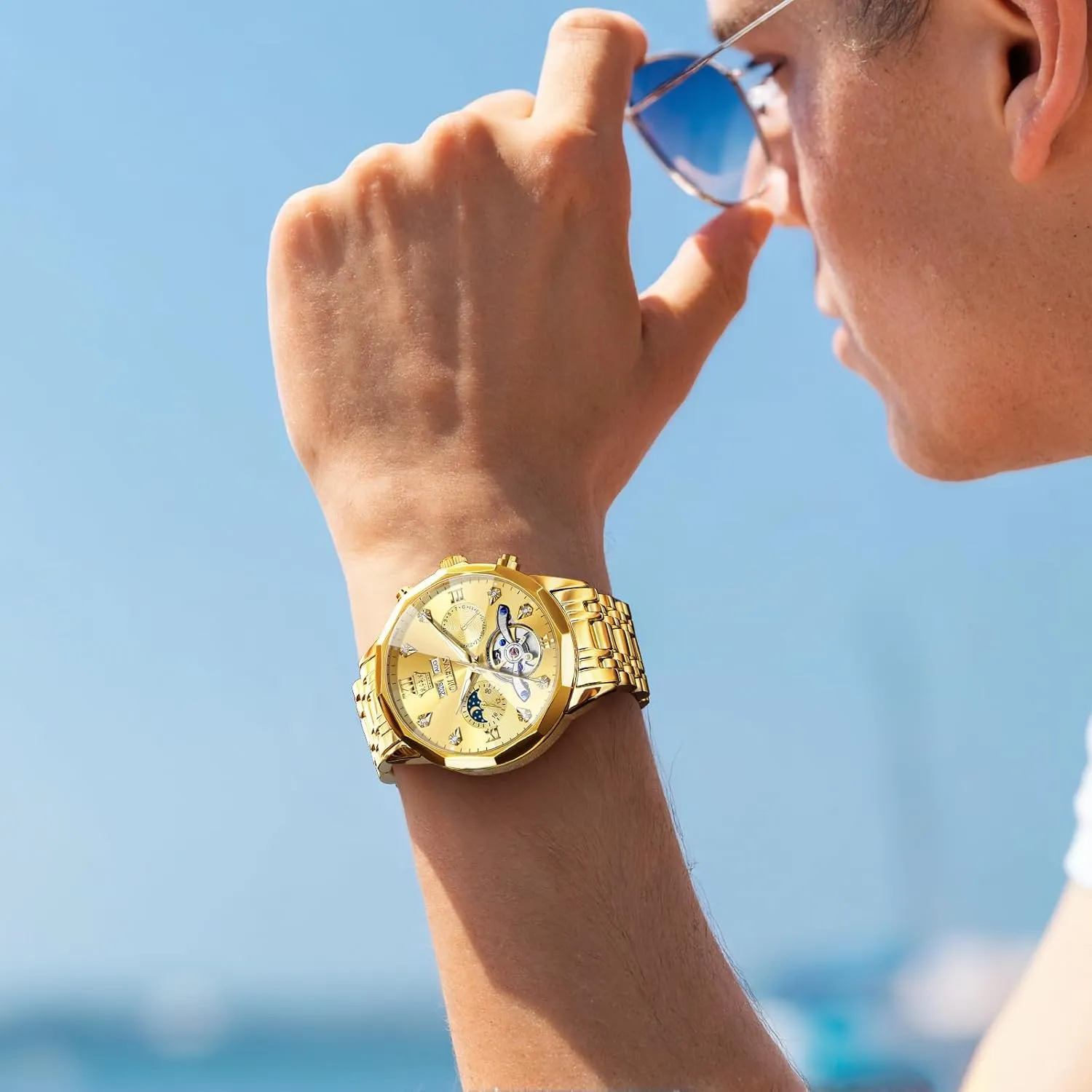 Mechanical Luxury Self ambient moderately declare engaging vibrate Winding Moon Phase Calendar Waterproof Wrist Watch for Men OLEVS Men Automatic Watch Diamond Skeleton 