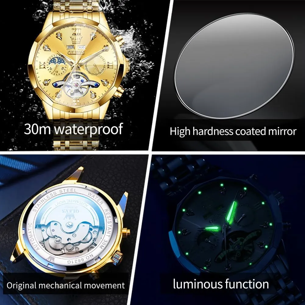 Mechanical Luxury Self ambient moderately declare engaging vibrate Winding Moon Phase Calendar Waterproof Wrist Watch for Men OLEVS Men Automatic Watch Diamond Skeleton 