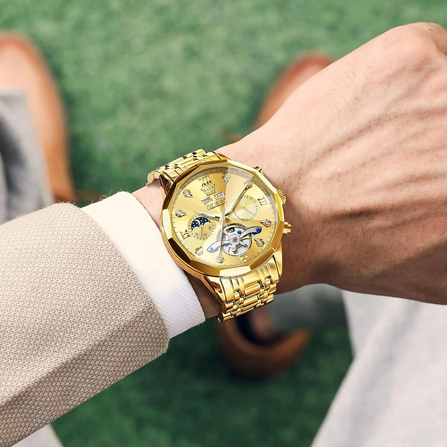 Mechanical Luxury Self ambient moderately declare engaging vibrate Winding Moon Phase Calendar Waterproof Wrist Watch for Men OLEVS Men Automatic Watch Diamond Skeleton 