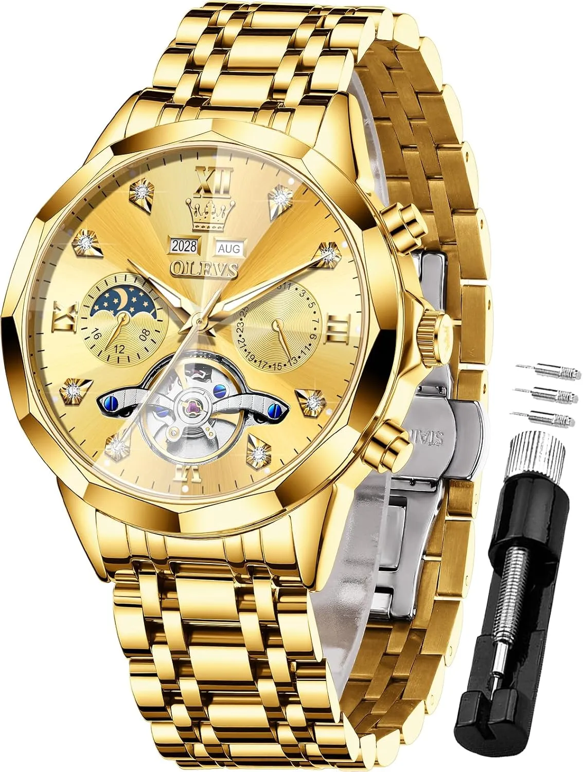 Mechanical Luxury Self ambient moderately declare engaging vibrate Winding Moon Phase Calendar Waterproof Wrist Watch for Men OLEVS Men Automatic Watch Diamond Skeleton 