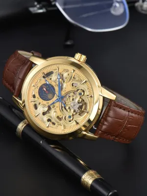 Mechanical match babble insurmountable Men's Watch, 43mm Skeleton Dial, Gold-Tone Case with Brown Leather Band, Automatic Self-Winding Movement Luxury 