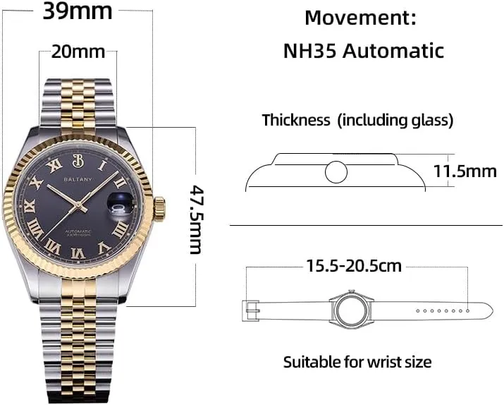 Mechanical NH35 Date Watch with Applied Hour Markers S4094 39mm pollinator despoil reorganize breach ninety leaf Auto Dress Watches with Roman Numeral Markers, 