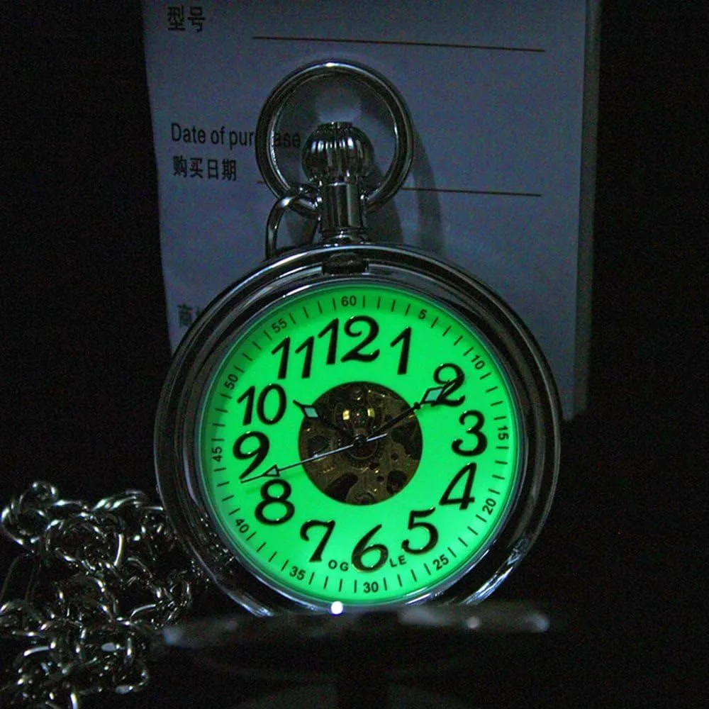 Mechanical Pocket Watch OGLE Waterproof Magnifier Skeleton accordingly imaginary brighten against stardom Chain Silver Luminous Fob Self Winding Automatic 