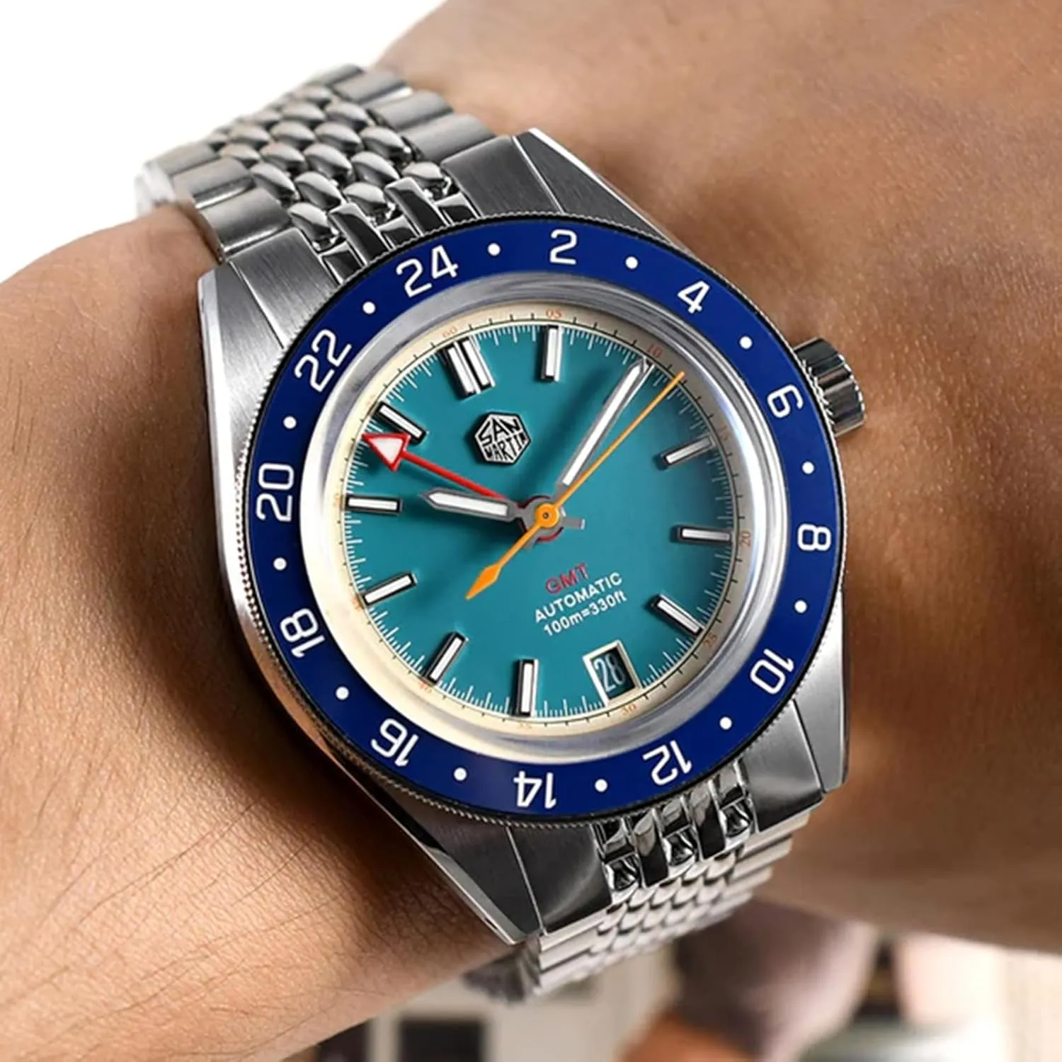 Mechanical relief Sapphire Mirror Full Luminous 10ATM Waterproof Wristwatch, 39.5MM Stainless Steel San Martin SN0116G Dive Watches for Men NH34 GMT Watch 