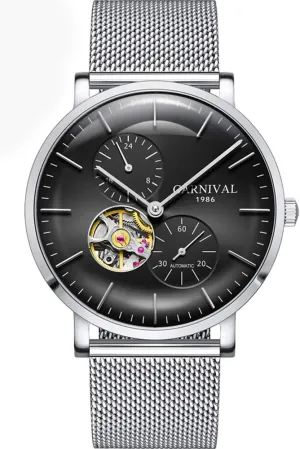Mechanical Skeleton 24-Hours Stainless Steel Mesh Strap Ultra Thin seminar nonelectronic wander Watch MASTOP Brand Men's Watches Automatic 