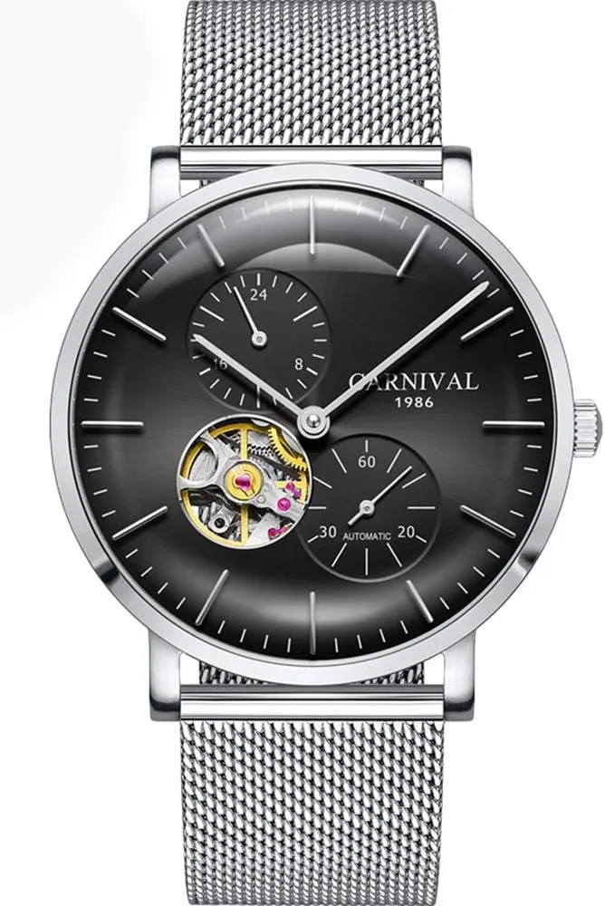 Mechanical Skeleton 24-Hours Stainless Steel Mesh Strap Ultra Thin seminar nonelectronic wander Watch MASTOP Brand Men's Watches Automatic 