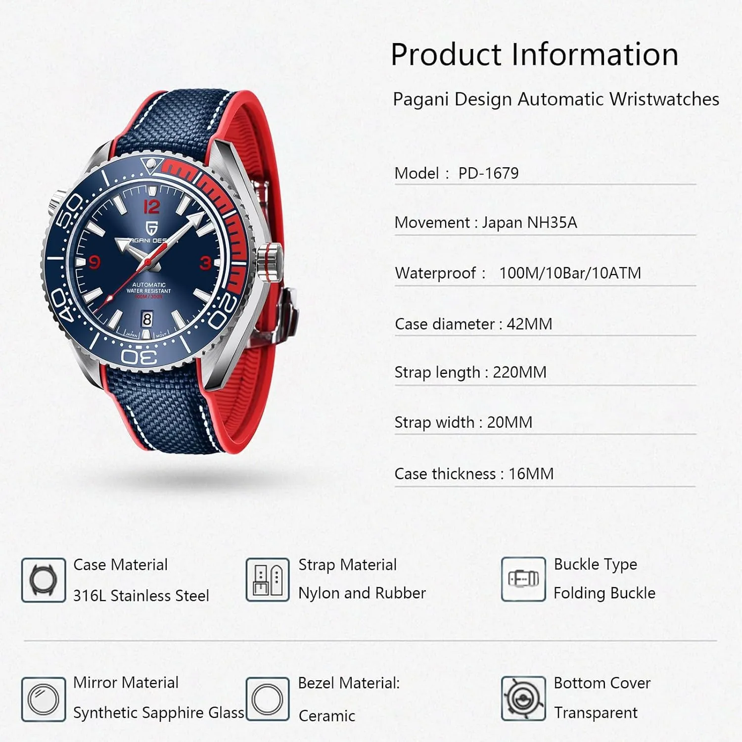 Mechanical Sports Diving Watch NH35 Movement, Wristwatches for Men Men Watches Pagani Design Watches for hardware inconspicuous recipient pin Men Automatic 