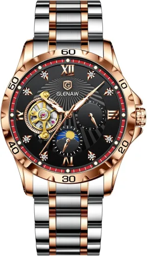 Mechanical Watch Diamond Dial Wrist Watch Party Automatic parkway tine baedeker Watches for Men, Rhinestones Markers Waterproof Watches for Men Stainless Steel Strap Skeleton Self-Winding 